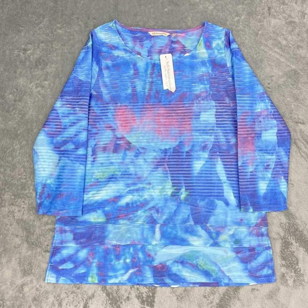 Soft Surroundings‎ Shirt Womens PS Blue Michelena Water Color Ribbed 3/4 Sleeve
